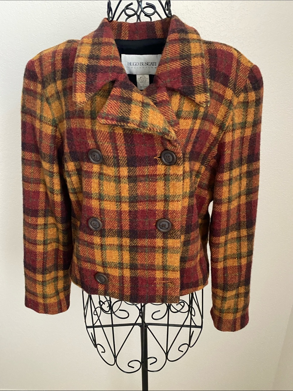 Hugo Buscati Burgundy & Mustard Plaid Double-Breasted Pea Coat